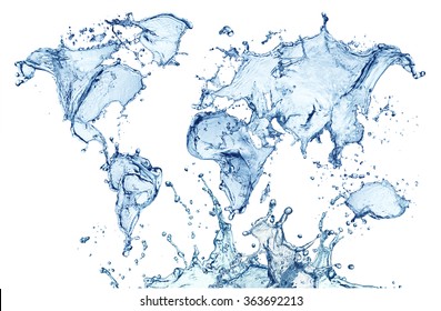 Blue Water Splash (world Map) Isolated On White Background