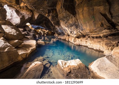 The Blue Waters Of Grjótagjá Cave In Iceland.