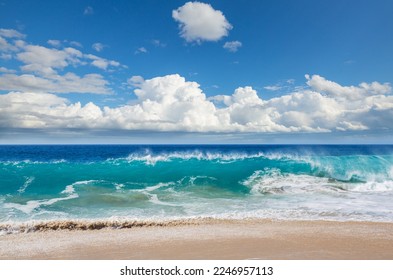 Blue wave on the beach. Dramatic natural background.