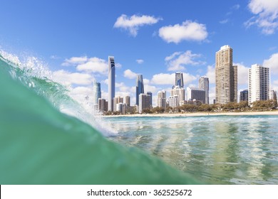 Blue Waves Breaking On Surfers Paradise Beach, QLD, Australia