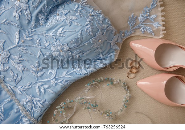 Blue Wedding Dress Bridal Shoes On Stock Photo Edit Now 763256524