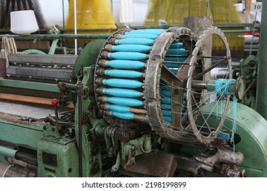 Blue Weft Linen Threads On A Jacquard Loom