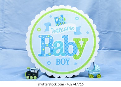 A blue welcome baby boy sign to celebrate the new baby