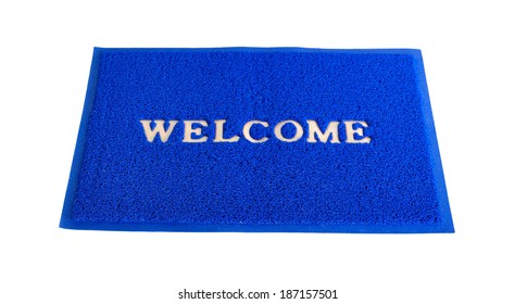 Blue Welcome Door Mat Isolated On White With Clipping Path.