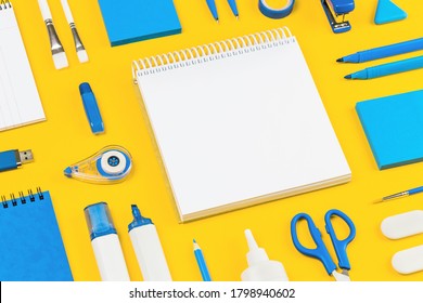 Blue And White Assorted Office And School Supplies Stationery On Yellow Flat Lay. Organized Knolling For Back To School Or Education And Craft Concept. Selective Focus. Copy Space. Template Or Mockup