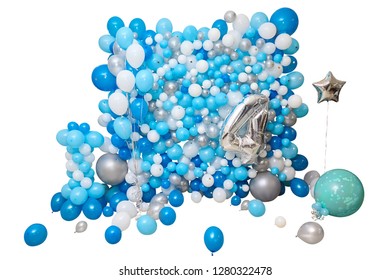 Blue And White Balloons Isolated On White Background. Silver Number Four, 4 Metallic Balloon. Party Decoration  Balloons. Anniversary Sign For Happy Holiday, Celebration, Birthday, Carnival