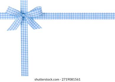 Blue and White Chequered Pattern Crossed Ribbon with Bow Isolated on White Background, Clipping Path Included