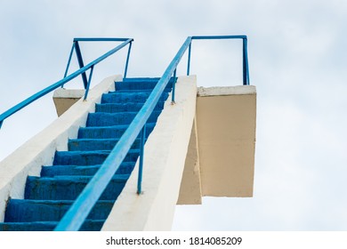 Blue And White Color Of A Lifeguard Tower, Detail Of The Stairs. 