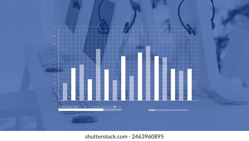 Blue and white graph processing data over computers and phone headsets on desks in empty office. Business, communication, data and digital interface technology, digitally generated image.