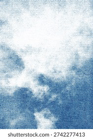 Blue and white halftone dot cloudscape with a bright central cloud and darker sky tones below. Vintage newspaper, comic print texture background with copy space for design.