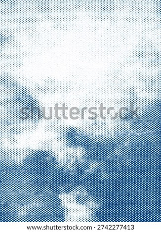 Blue and white halftone dot cloudscape with a bright central cloud and darker sky tones below. Vintage newspaper, comic print texture background with copy space for design.