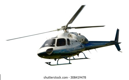 Blue and white helicopter in flight isolated against white background