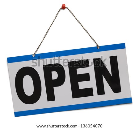 Blue and white open sign hanging on chain isolated on a white background.