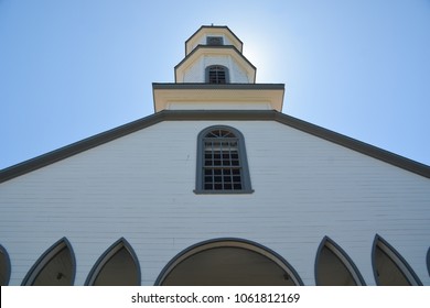 The Blue And White Painted Church Of Dalcahue, One Of The Churches Of Chiloé In Chile's Chiloé Archipelago.