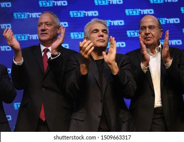 Blue And White Party Leaders Benny Gantz Yair Lapid Moshe Yehaelon And Gabi Ashkenazi During A Rally With Supporters In Tel Aviv, Israel, Sept. 17, 2019.