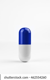 Blue And White Pill Isolated On White, Shot In A Studio Environment.