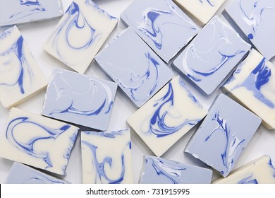 blue and white swirl techniques handmade soap. top view. closeup. - Shutterstock ID 731915995