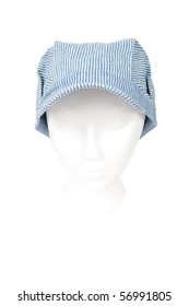 A Blue And White Train Engineer Hat Resting On A Head For Proper Perspective. Isolated With A Clipping Path.