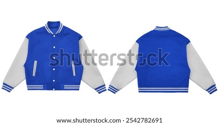 Blue and white varsity jacket front and back view. 