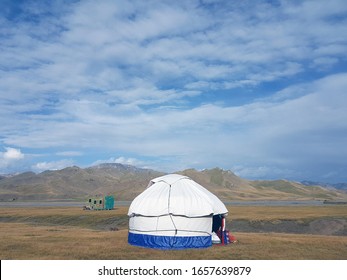 Blue White Yurt, Tradicional Home For Kyrgyz People Kyrgyzstan, Tien Shan Mountains. Nomadic Lifestyle