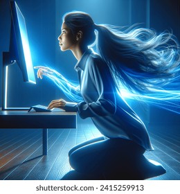 with blue wind from monitor to face with flowing hair, side view of young person in correct sitting position with straight back and looking at monitor dark background and blue light and shine from monitor in modern hifi interieur, 