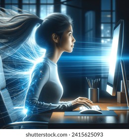 with blue wind from monitor to face with flowing hair, side view of young person in correct sitting position with straight back and looking at monitor dark background and blue light and shine from monitor in modern hifi interieur and glas lens between