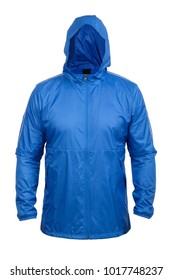 Blue Windbreaker Sports Jacket With Hood, Isolated On White