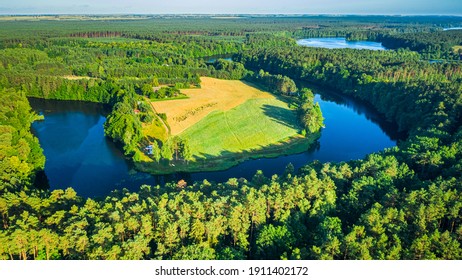 Blue Winding River And Green Forests In Summer, Poland