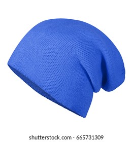 Blue Winter Autumn Beanie Hat Cap On Invisible Mannequin Isolated On White
