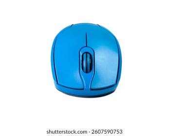 Blue wireless computer mouse with a modern look and comfortable grip isolated on white background. Equipped with a scroll wheel, ideal for office or home use.