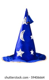 blue wizard's hat, silver stars, cap isolated on white
