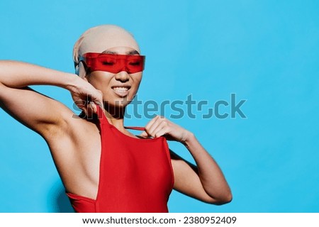 Blue woman fashion smiling portrait red sunglasses beauty