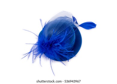 Blue Women Hat. Blue Hair Accessory With Feather. Fancy Hat. Isolated On White Background. Closeup.