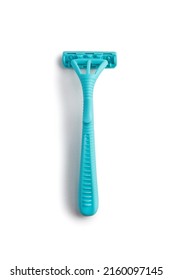 Blue women's razor on a white vertical background. Plastic razor on an isolated white background. The concept of smooth skin care and fighting hair in an unnecessary place - Shutterstock ID 2160097145