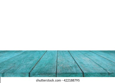 Blue Wood Table Top On White Background, Stock Photo