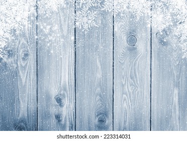 Blue Wood Texture With Snow Christmas Background