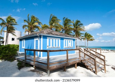 The blue wooden house on Lucaya Beach in Freeport on Grand Bahama island. 