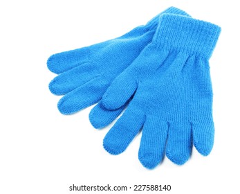 Blue Wool Gloves Isolated On White Background 