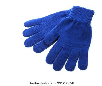 Blue Wool Gloves Isolated On White Background 