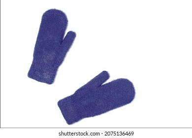 Blue woolen mittens isolated on white background. Winter clothes. Flat lay, top view.