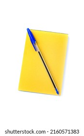 Blue Writing Pen On Unlined Note Pad With Yellow Colored Tear Off Pages Isolated Over White. Top Down View