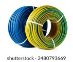 Blue And Yellow Electrical Wire Spools Isolated On White Background