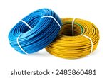 Blue And Yellow Electrical Wire Spools Isolated On White Background