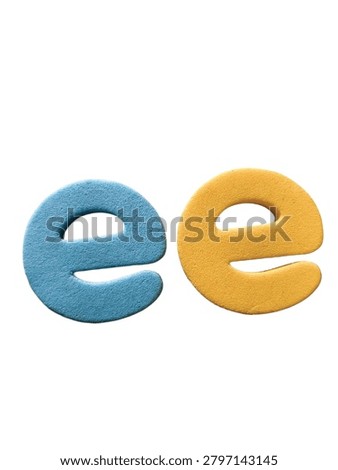 Blue and yellow lowercase E icon on white background, abstract modern typography design concept.