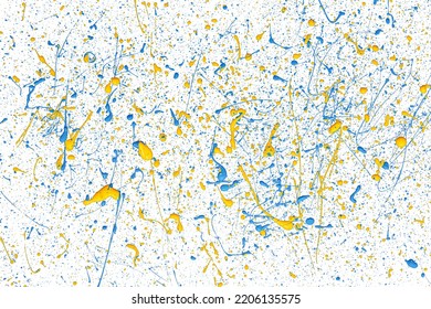 Blue And Yellow Paint Drops On White Canvas. Ukrainian Flag Concept .