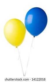 Blue and yellow party balloons isolated on a white background. Clipping path included.