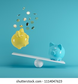 Blue and Yellow piggys bank playing with gold coin on seesaw on blue background. minimal idea funny concept.