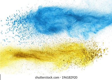 Blue And Yellow Powder Explosion Isolated On White