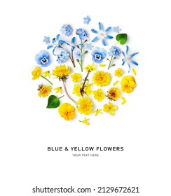 Blue and yellow spring flowers isolated on white background. Ukraine flag colors. Buttercup, forsythia, dandelion, scilla, forgetmenot creative layout. Design element. Top view, flat lay  - Shutterstock ID 2129672621
