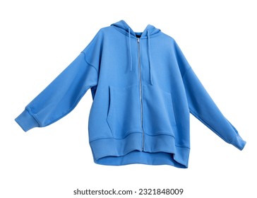 Blue zipper hoodie flying isolated on white. Fashion sport clothes object. Male, female sportswear. Stylish sweatshirt in movement.